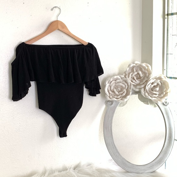Rehab Black Ribbed Bodysuit Off The Should… - Picture 2 of 7